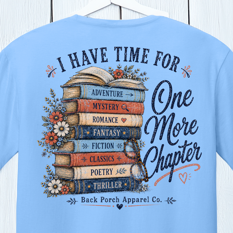 Close-up of the I Have Time for One More Chapter graphic featuring stacked books, flowers and reading-themed artwork.