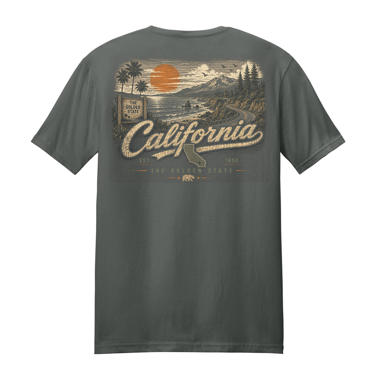 A dark gray crewneck t-shirt showing the back graphic, which features a vintage-style California landscape illustration with a large orange sun, palm trees, and the word 'California' in a cursive font.