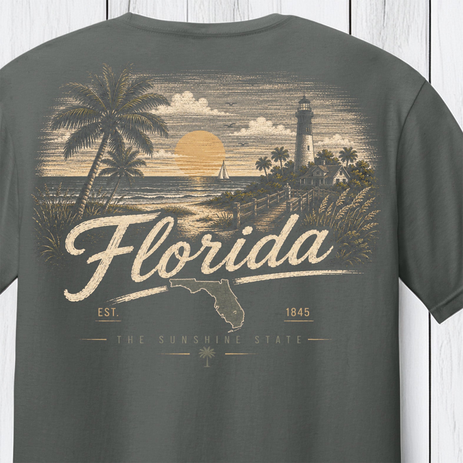 A dark gray t-shirt showing the back graphic print with a vintage Florida theme, featuring a lighthouse, palm trees, a sunset, and the text 'Florida' and 'The Sunshine State'.