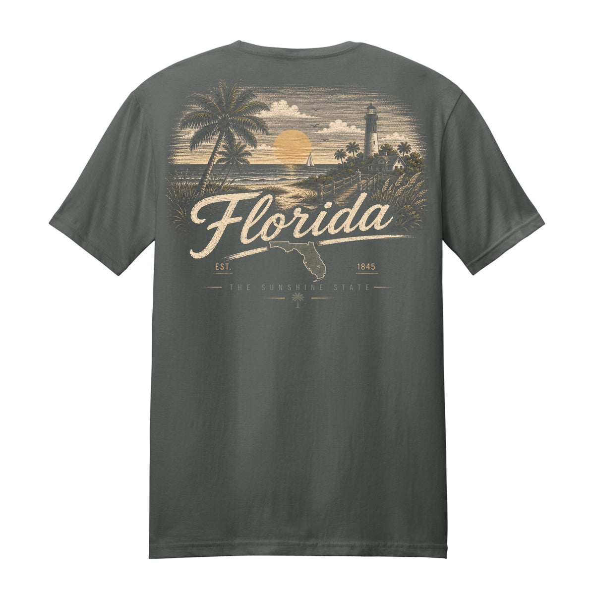 A dark gray t-shirt shown from the back, featuring a vintage-style graphic print of a Florida beach scene with palm trees, a lighthouse, and a sunset, with 'Florida' written in large script.