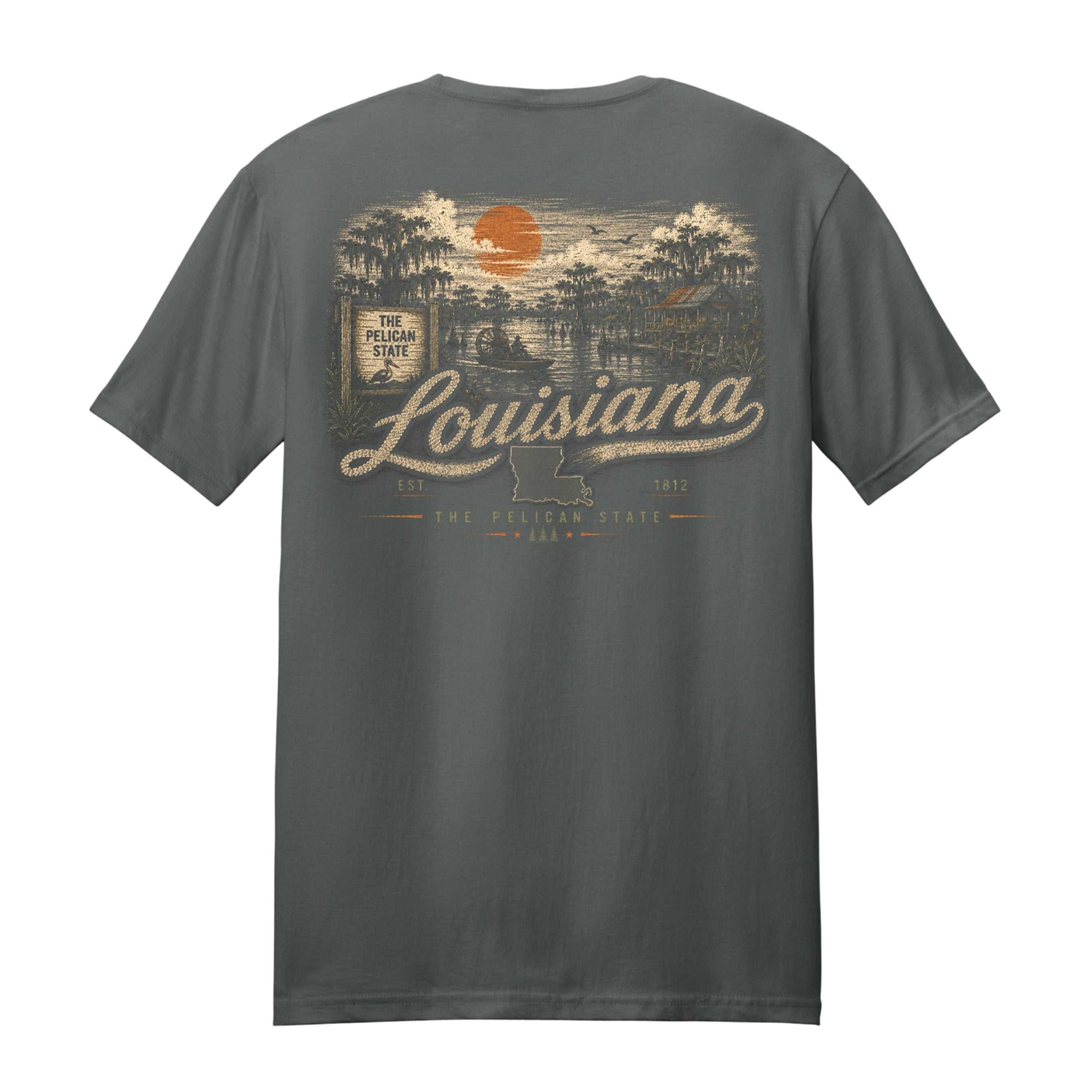 A dark gray crewneck t-shirt shown from the back, featuring a large vintage-style graphic print of Louisiana with a sunset, trees, and the word 'Louisiana' in script.