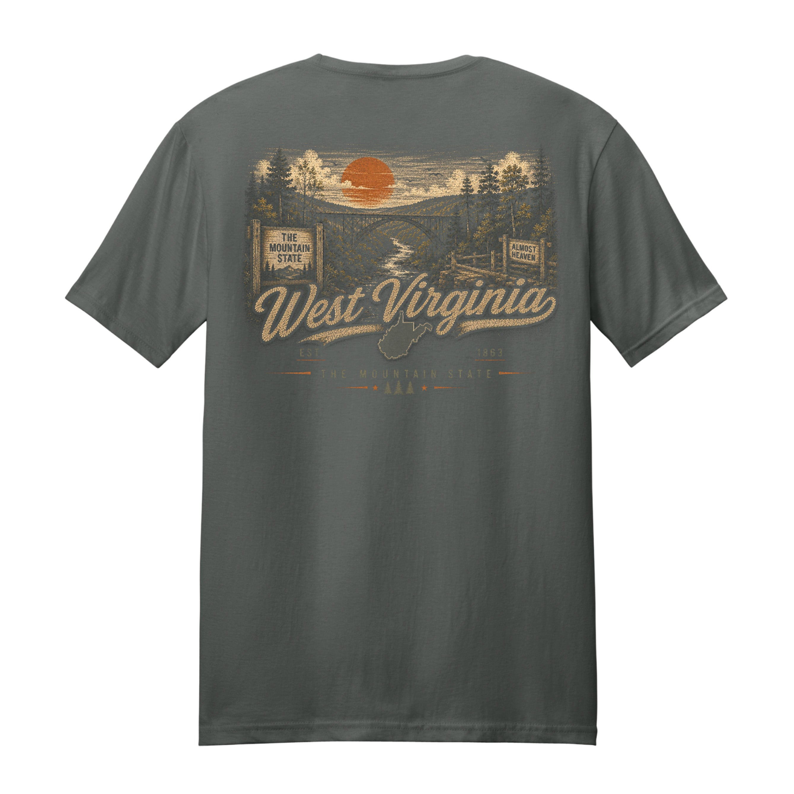 A dark gray t-shirt showing the back side with a large vintage-style graphic print of a West Virginia landscape, featuring an orange sun, river, bridge, and 'West Virginia' text.