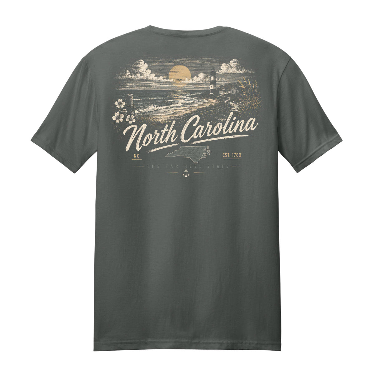 A dark gray crewneck t-shirt shown from the back, featuring a vintage-style North Carolina coastal graphic in cream and gold tones with the text 'North Carolina' and 'The Blue State'.