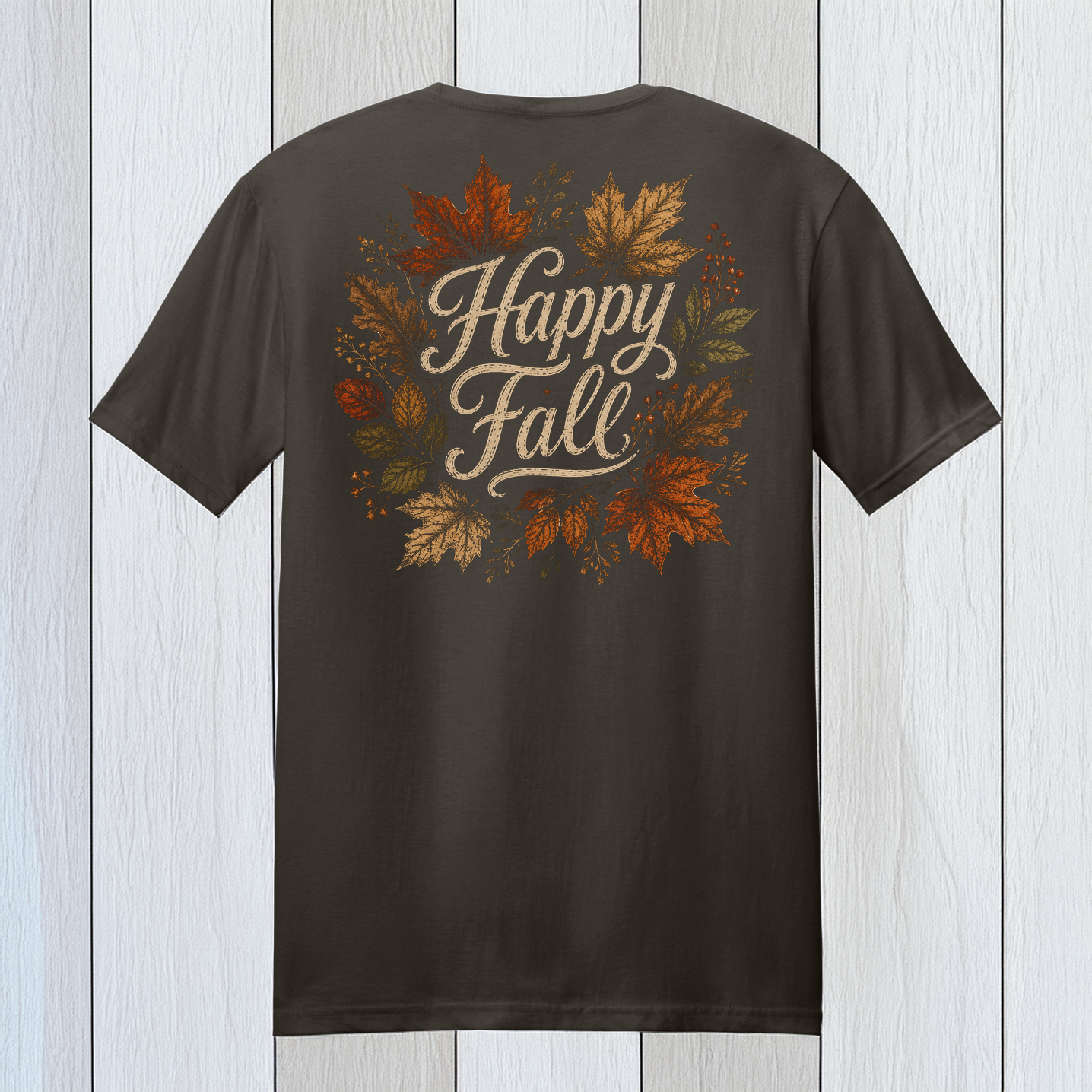 Dark Chocolate Happy Fall T-Shirt with colorful autumn leaves and vintage script back design