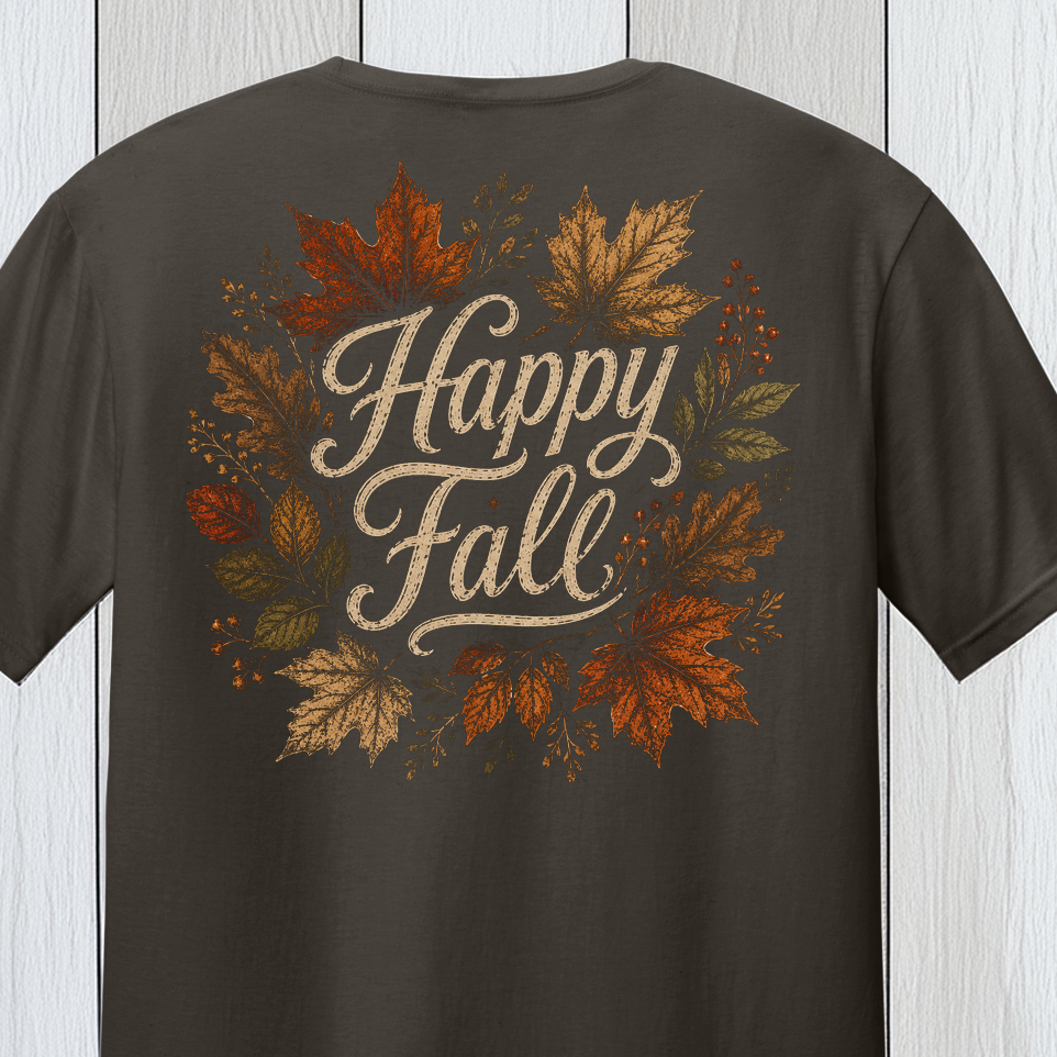 Happy Fall autumn T-Shirt design with distressed orange gold and cream fall leaves on Dark Chocolate