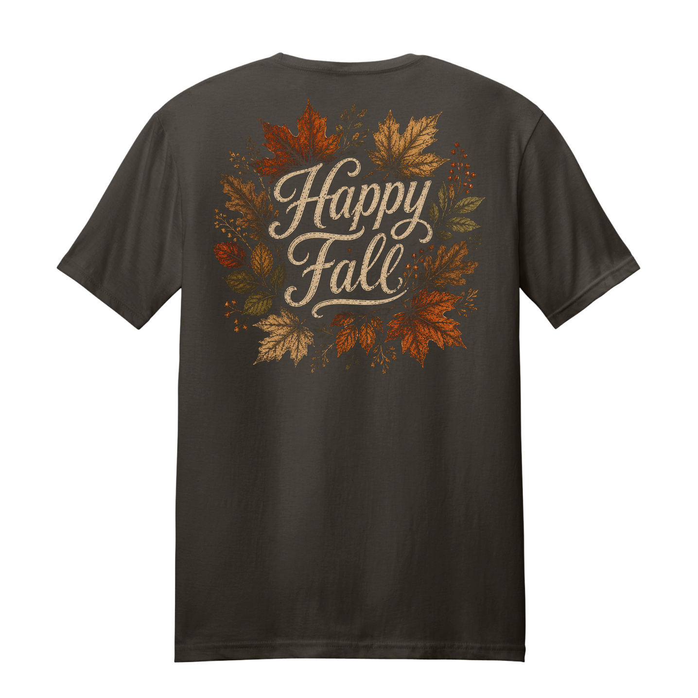 Back Porch Apparel Happy Fall T-Shirt in Dark Chocolate with vintage autumn leaves back graphic
