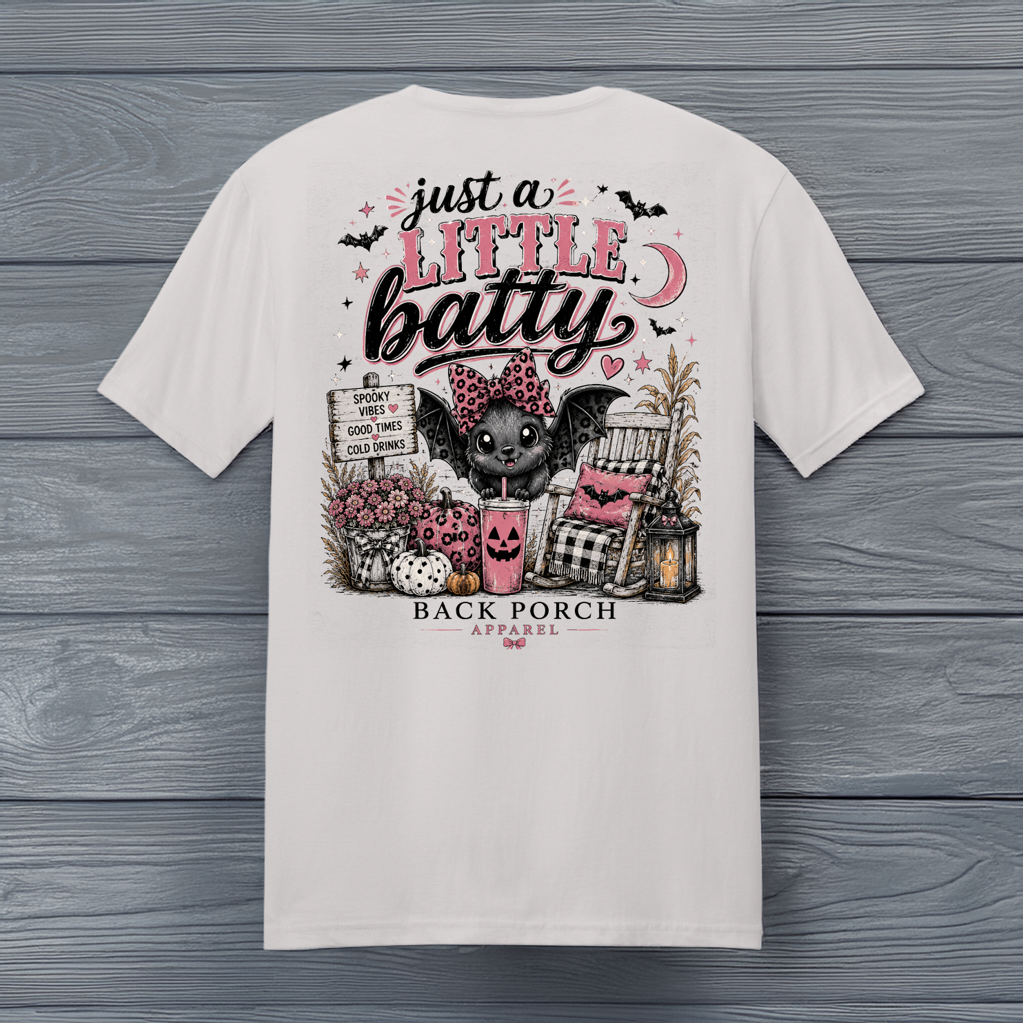 Ice Grey Just a Little Batty Halloween T-Shirt by Back Porch Apparel with cute bat and fall porch design