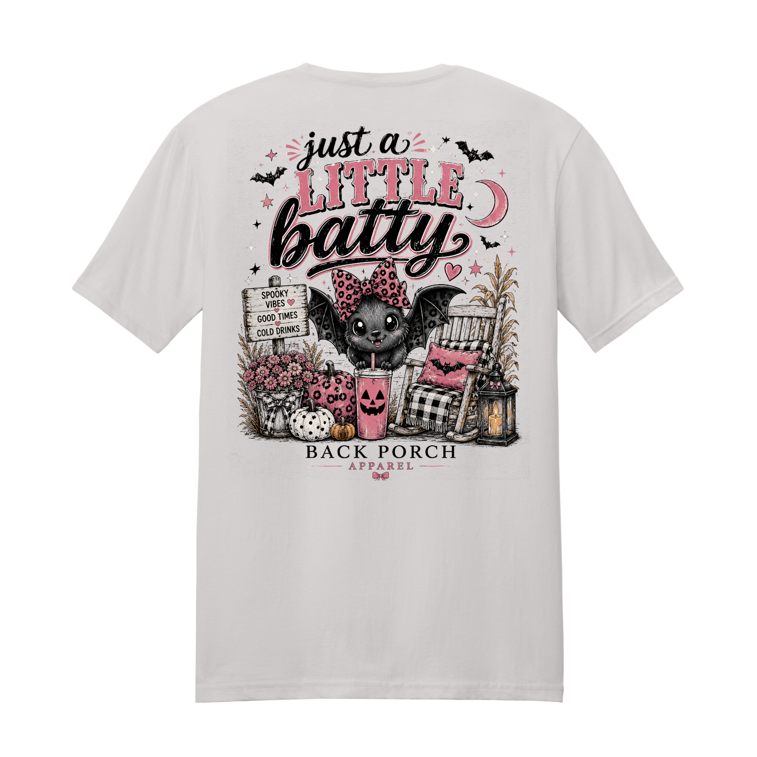 Back Porch Apparel Just a Little Batty Halloween T-Shirt in Ice Grey with pink and black bat graphic
