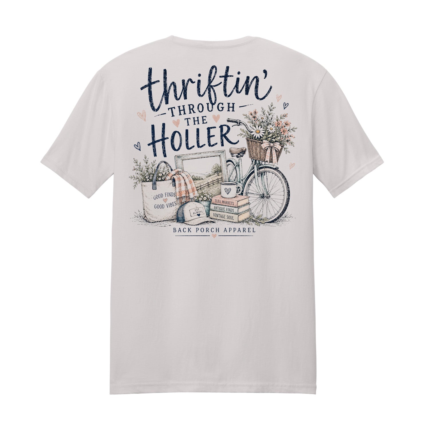 Thriftin' Through the Holler graphic printed on an ice gray super soft ring spun cotton t-shirt featuring a vintage bicycle, flowers, flea market finds, and farmhouse décor.