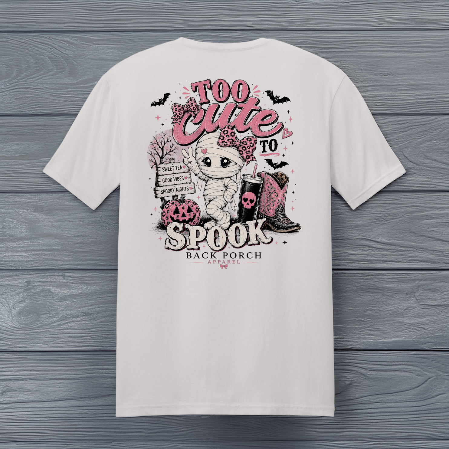 Too Cute to Spook Halloween T-Shirt in Ice Grey with pink mummy and cowboy boot design