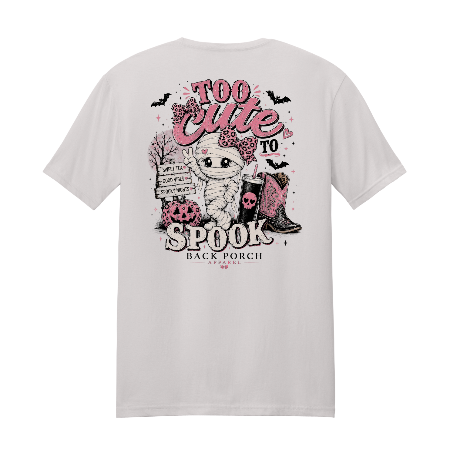 Back Porch Apparel Too Cute to Spook Ice Grey Halloween T-Shirt with pink and black mummy graphic
