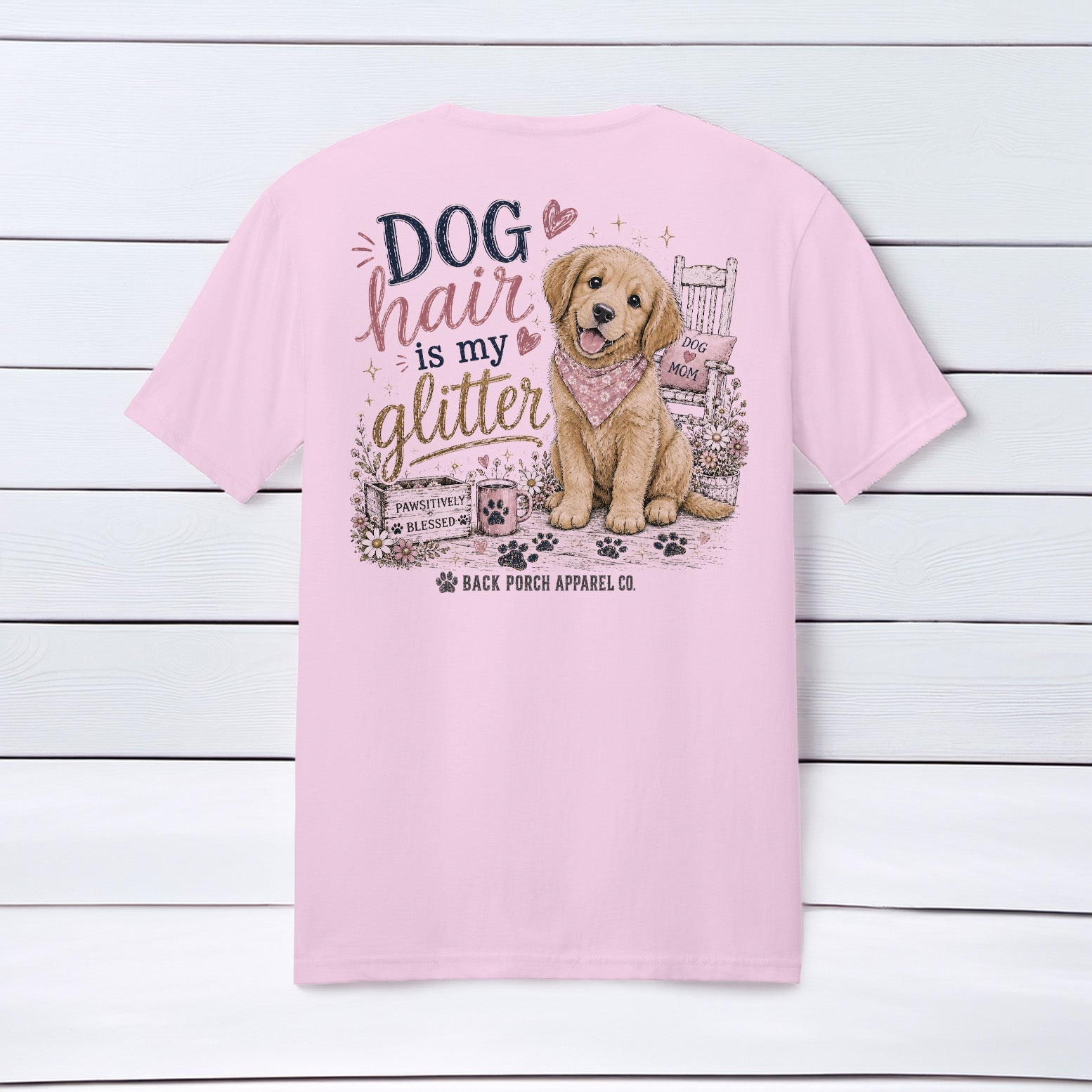 Back view of the Dog Hair Is My Glitter dog lover t-shirt displayed against a white wood background.