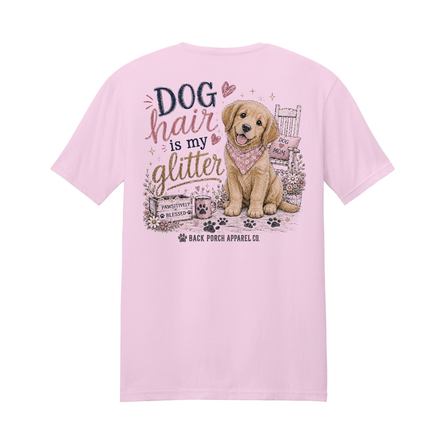 Dog Hair Is My Glitter graphic printed on a light pink super soft ring spun cotton t-shirt featuring an adorable golden retriever puppy.