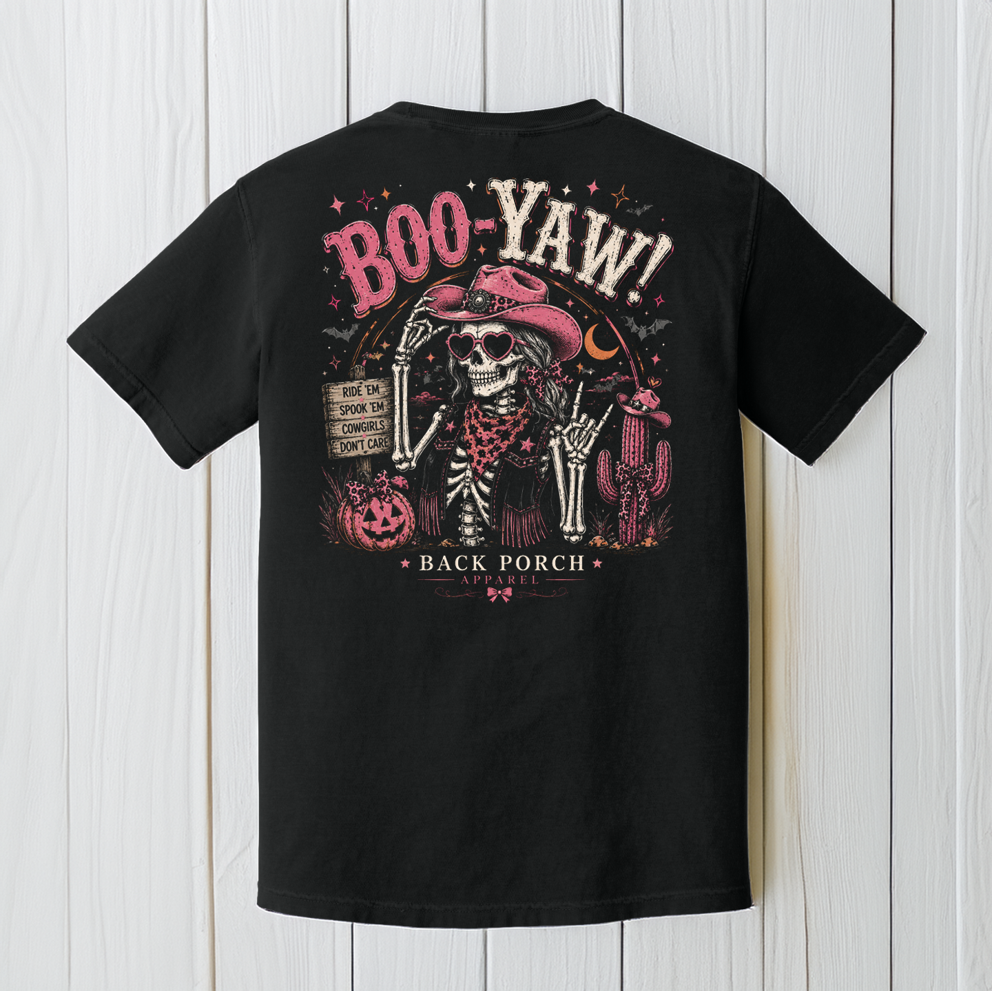 Back Porch Apparel Boo-Yaw Halloween T-Shirt in black with pink skeleton cowgirl Western design