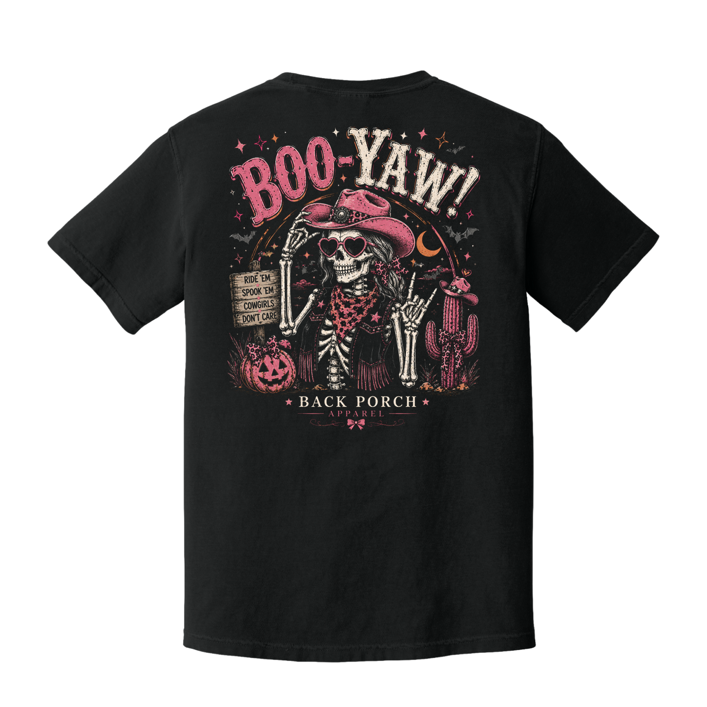 Black Boo-Yaw Western Cowgirl Halloween T-Shirt by Back Porch Apparel with skeleton cowgirl graphic