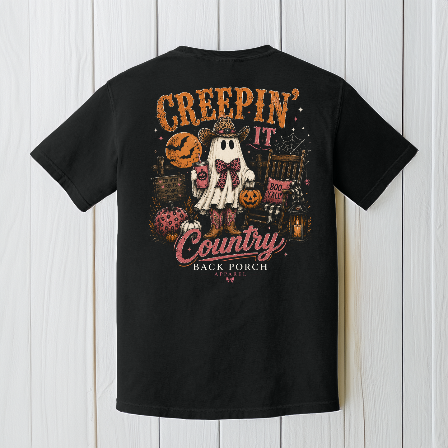 Back Porch Apparel Creepin' It Country Halloween T-Shirt in black with ghost, cowboy boots and pumpkins