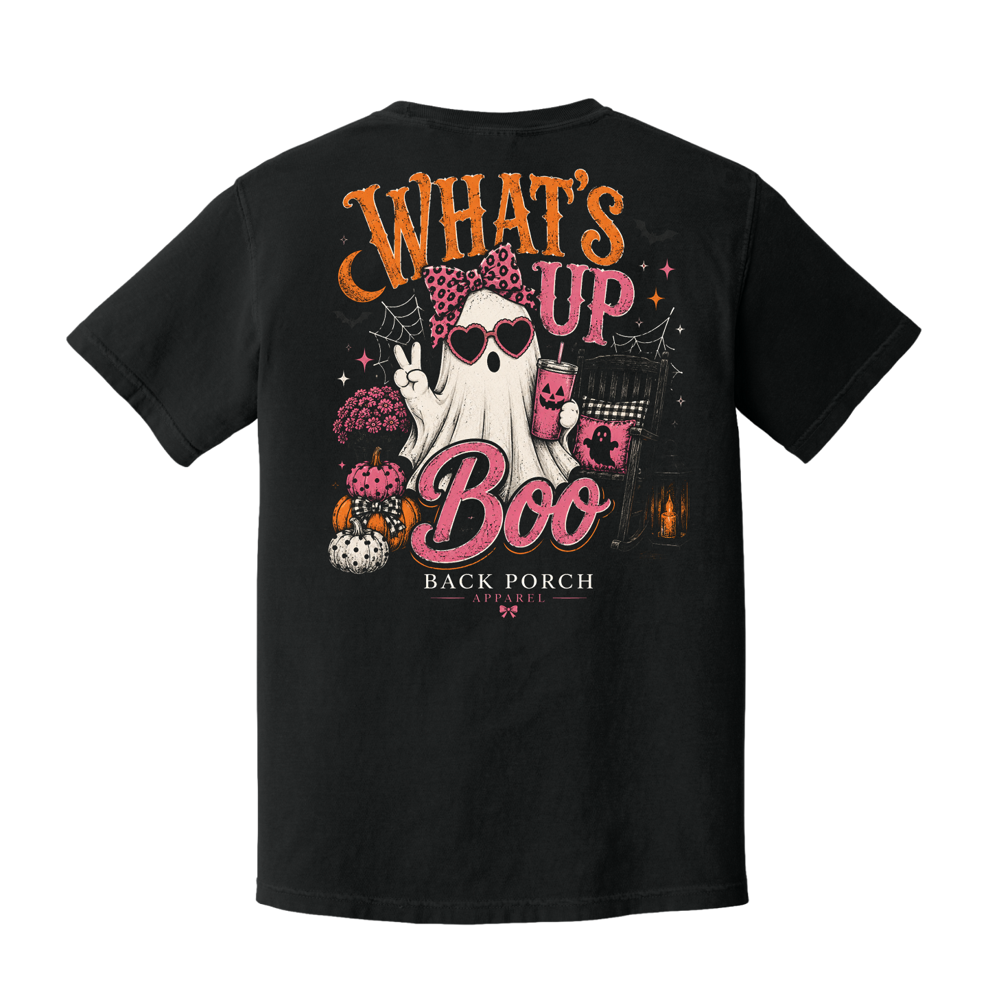 Black What's Up Boo Ghost Halloween T-Shirt by Back Porch Apparel with pink and orange back graphic