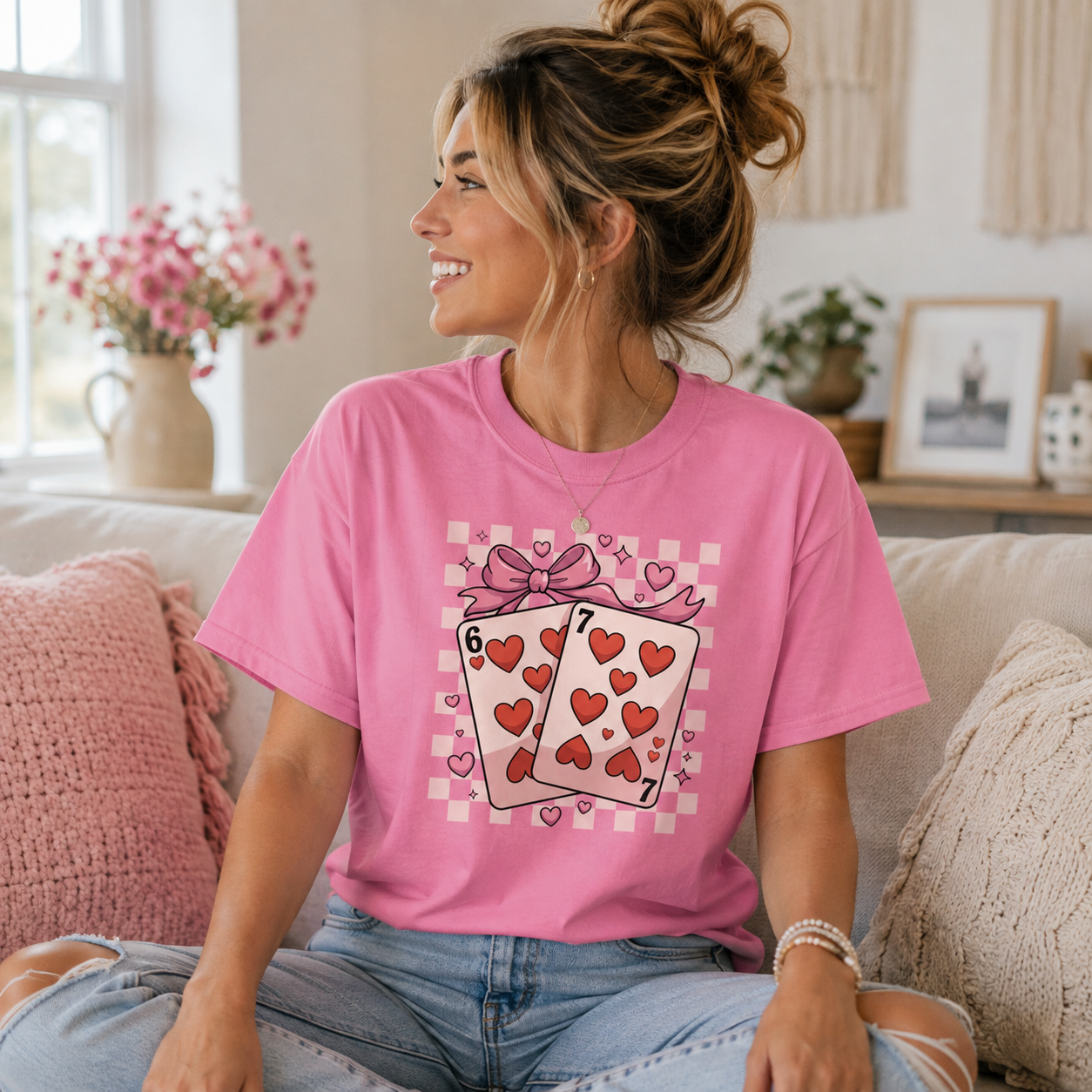 Woman wearing a 67 Back Porch Apparel Shirt