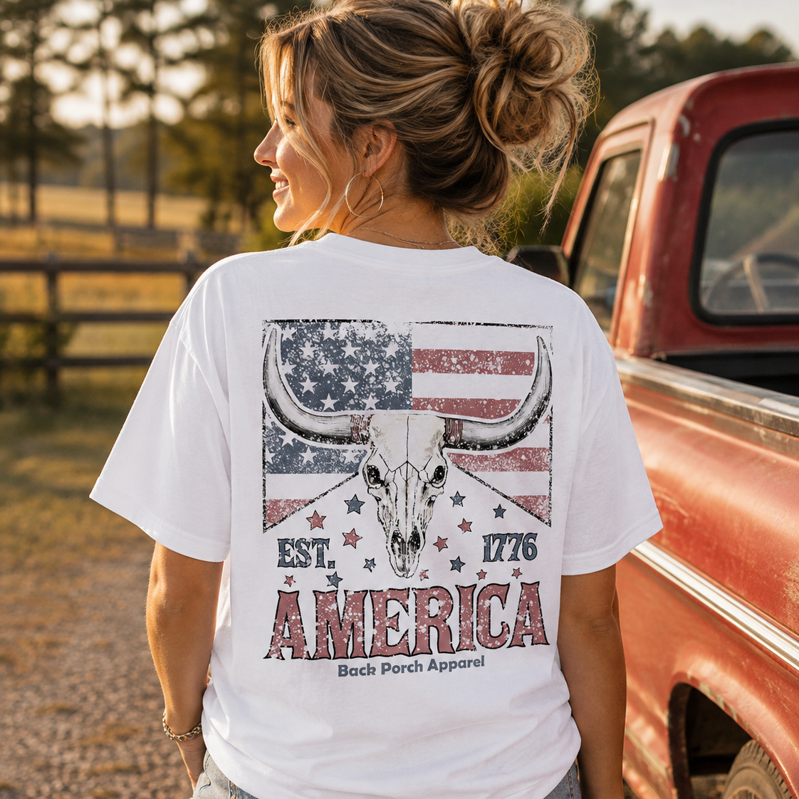 Woman wearing an American Longhorn Back Porch Apparel Shirt
