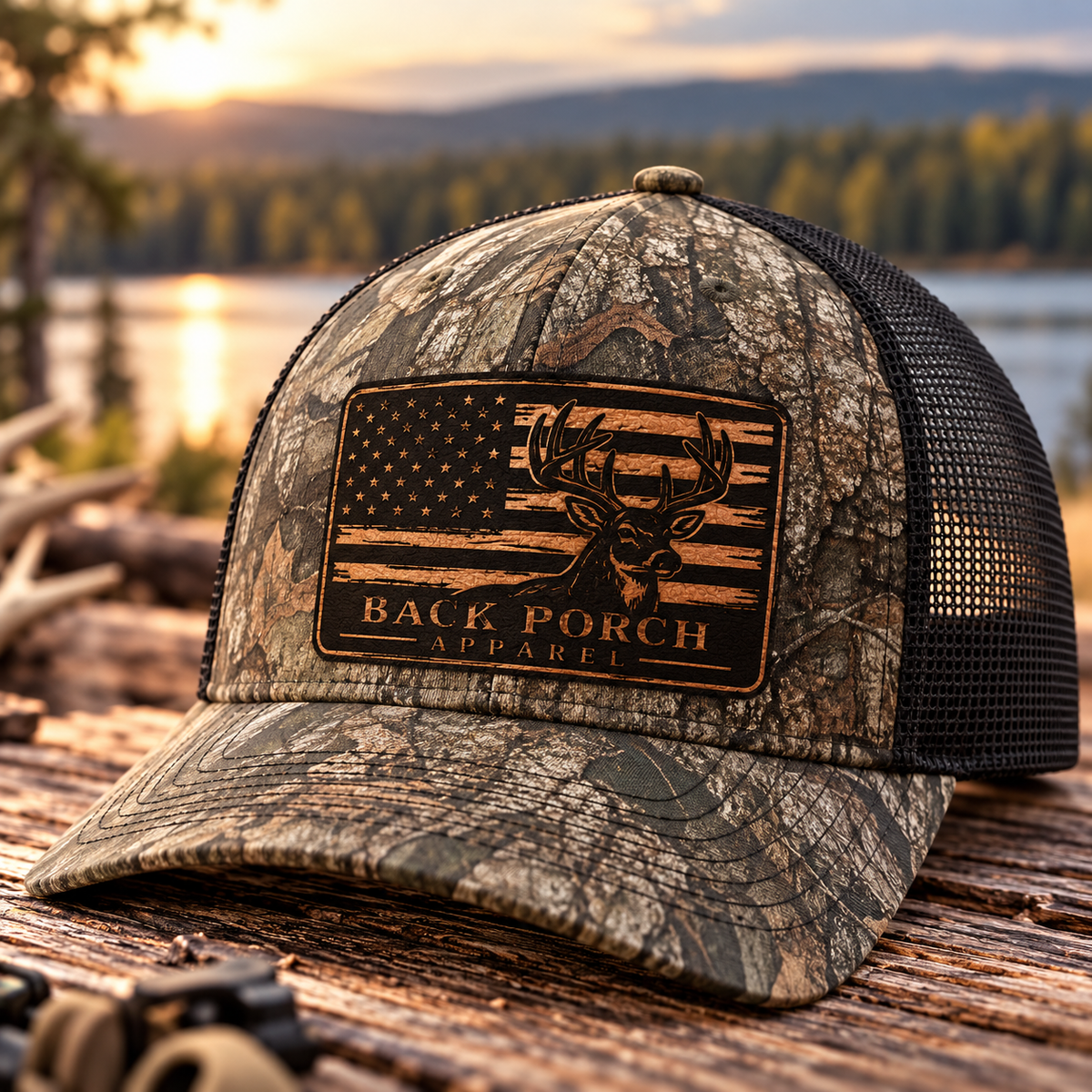 Mossy Oak camouflage Richardson trucker hat with black mesh back and tan leather patch featuring a whitetail buck, American flag, and Back Porch Apparel logo, photographed outdoors.