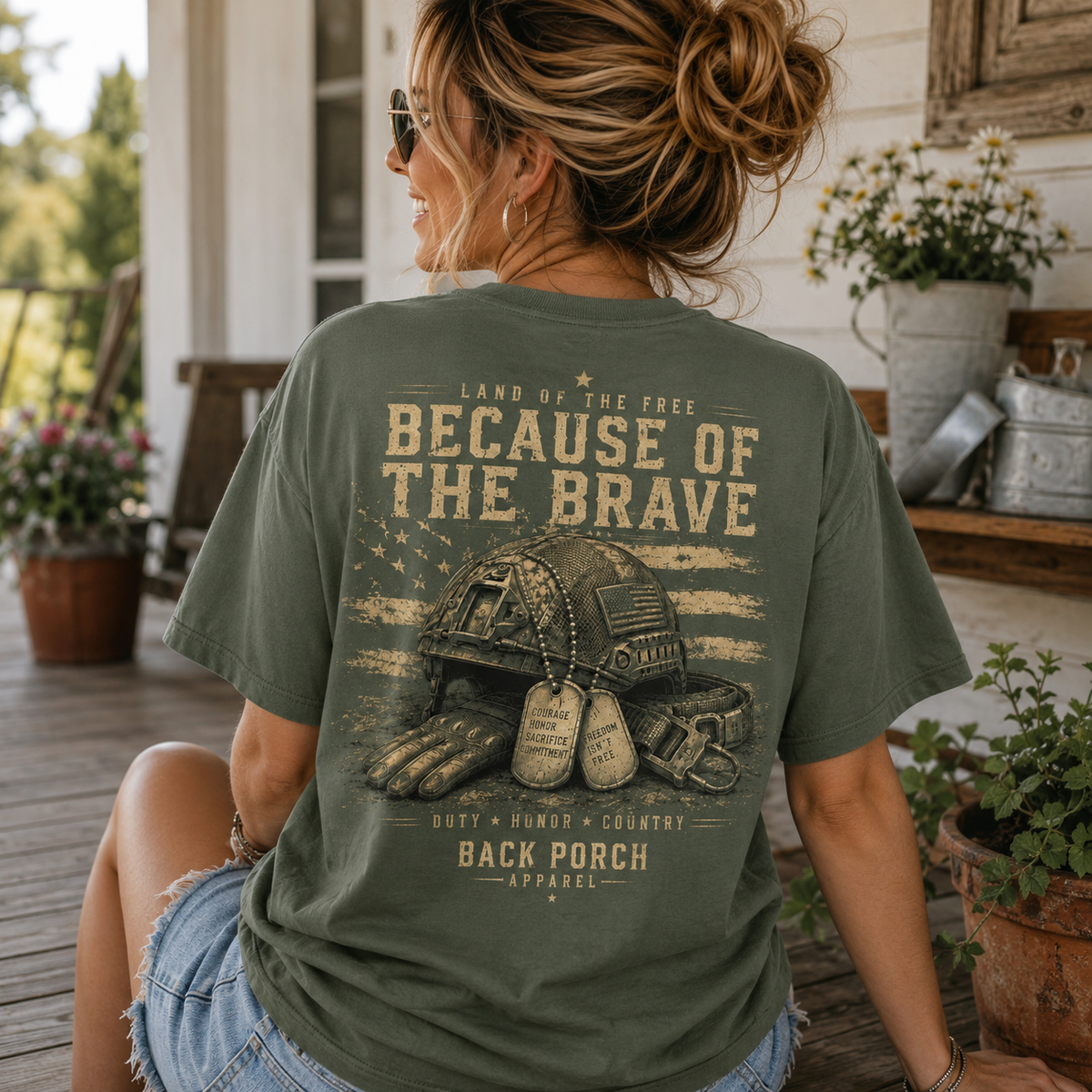 Woman wearing a Because of the Brave Back Porch Apparel Shirt