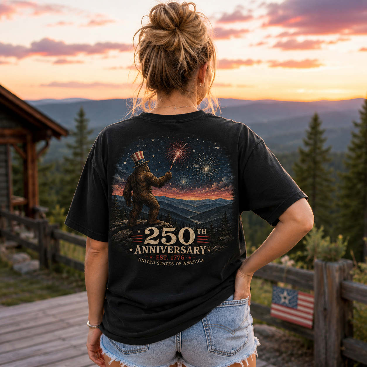 A woman stands outdoors at sunset wearing a black graphic T-shirt from the back, showing a large print of a Bigfoot figure under fireworks with the text '250th Anniversary' and 'United States of America.'.