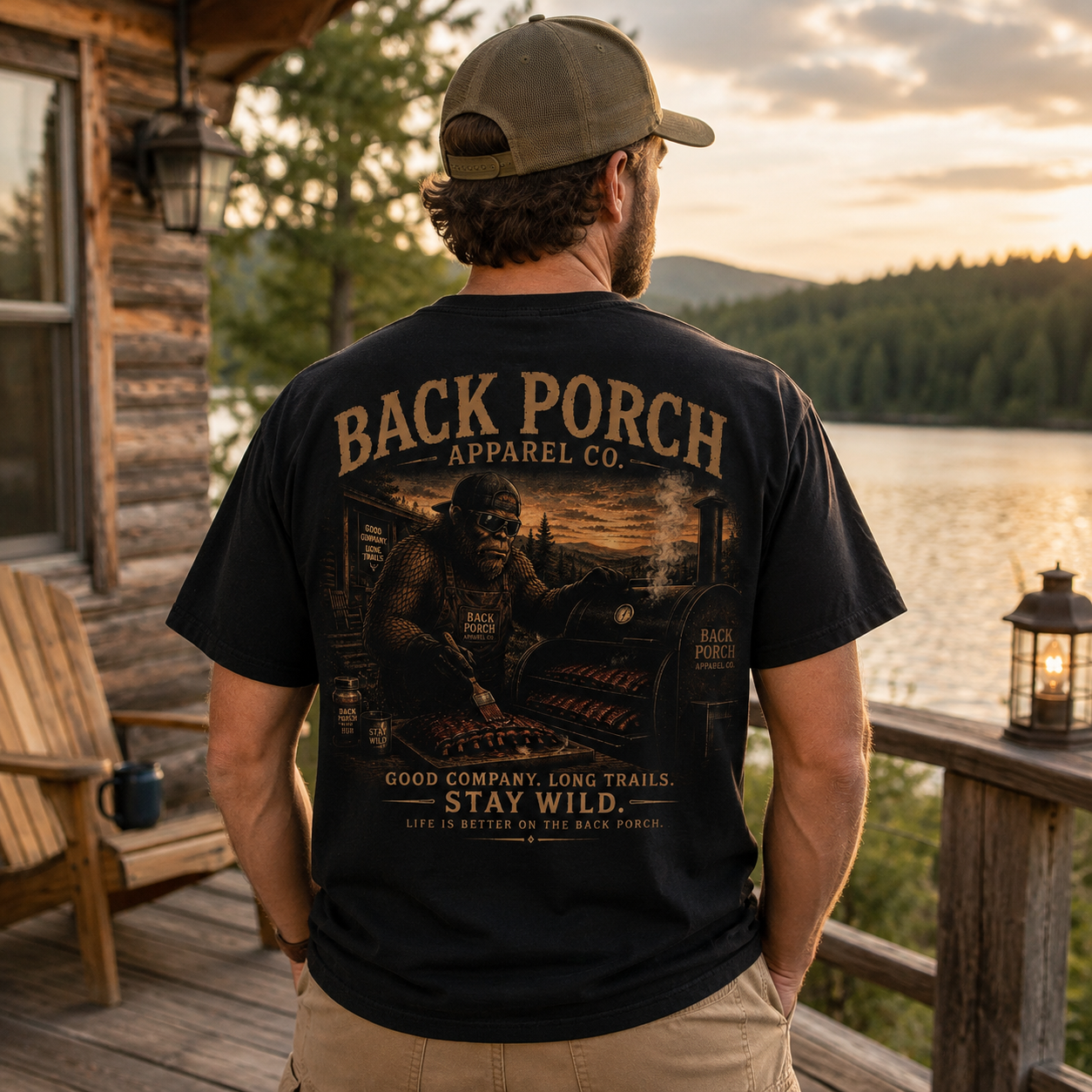 A man stands on a wooden porch by a lake at sunset wearing a black graphic T-shirt from the back, which features a large illustration of a bear and the text 'BACK PORCH APPAREL CO.' and 'GOOD COMPANY, LONG TRAILS, STAY WILD.