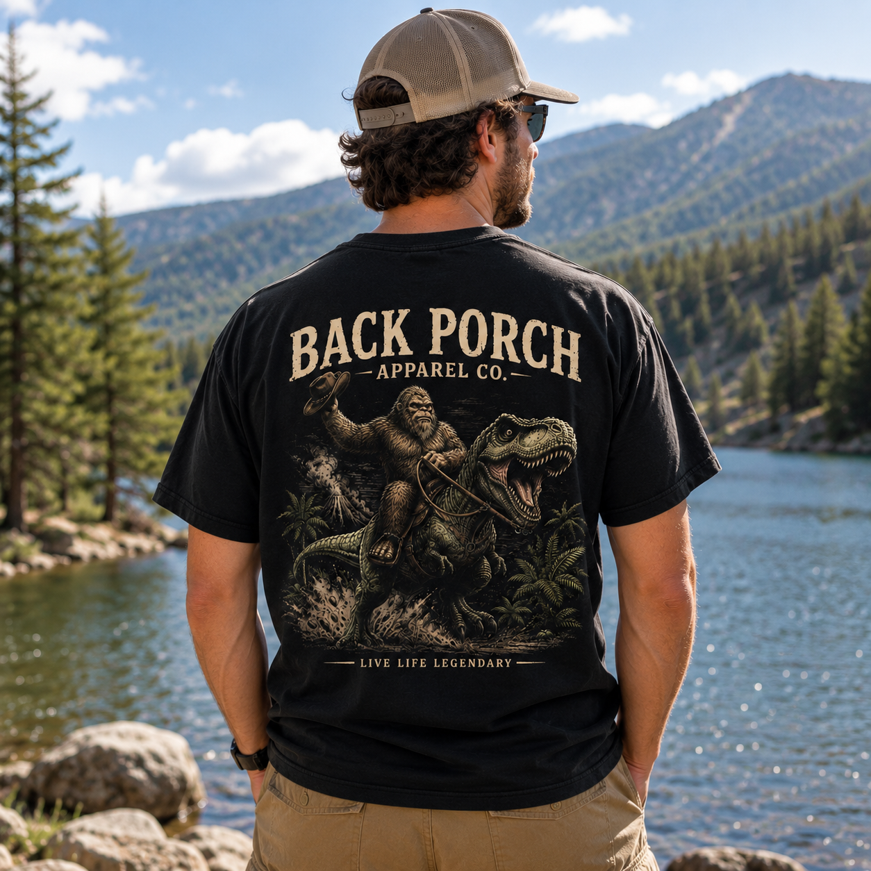 A man stands outdoors by a lake with mountains and trees in the background, wearing a black graphic T-shirt from the back. The shirt features a large print of a gorilla riding a dinosaur, with the text 'BACK PORCH APPAREL CO.