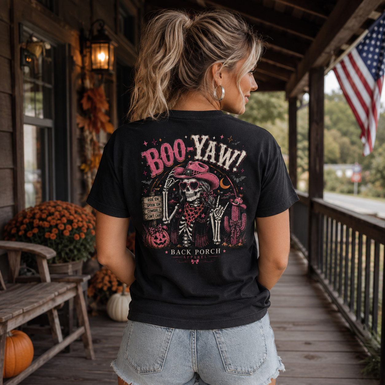 Women wearing the Boo-Yaw Back Porch Apparel shirt