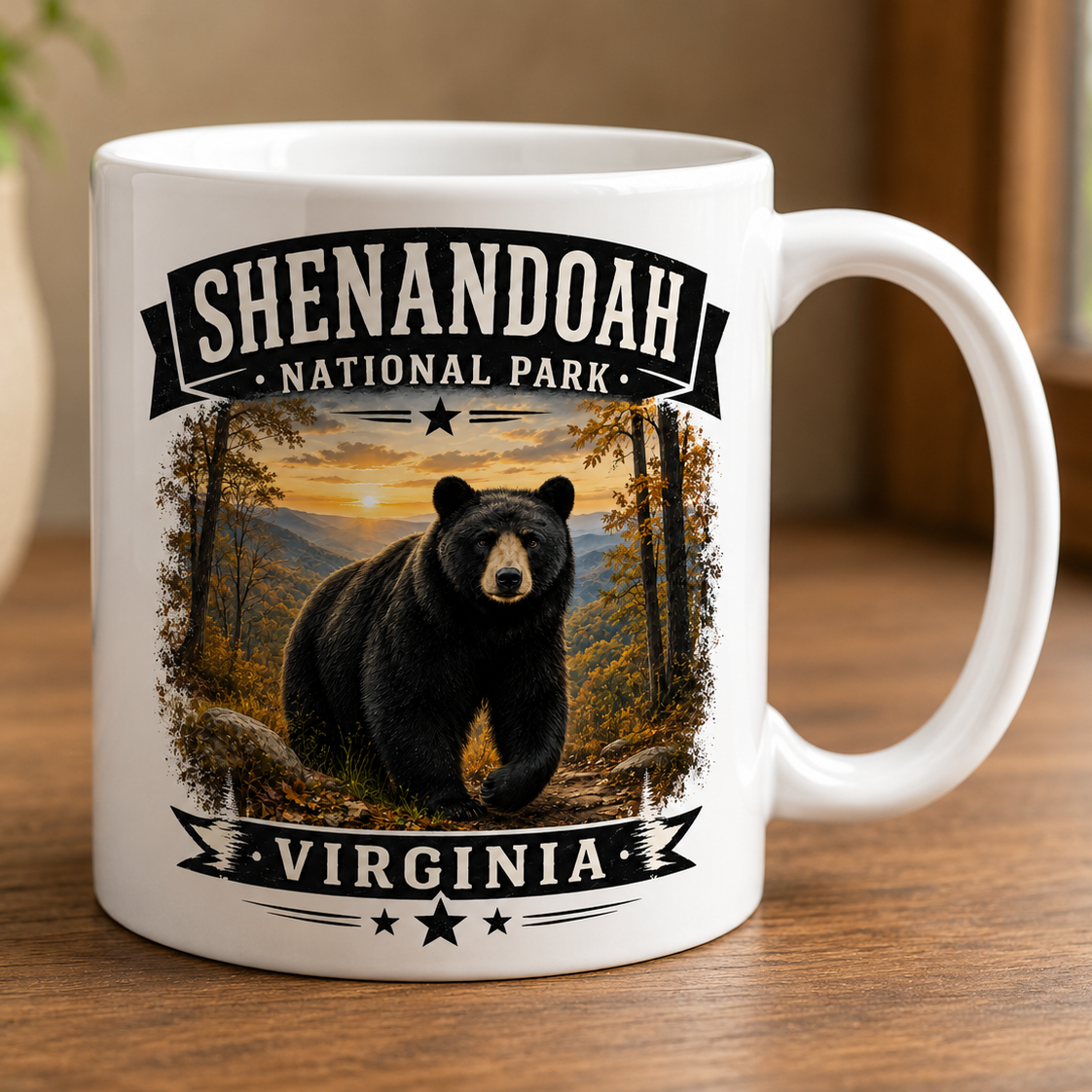 11oz white ceramic Shenandoah National Park Black Bear coffee mug featuring original wildlife artwork, handcrafted by Turnmeyers in Front Royal, Virginia.