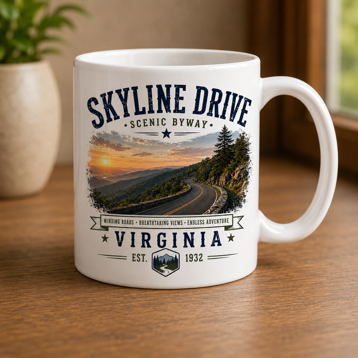 11oz white ceramic Skyline Drive Virginia coffee mug featuring a scenic mountain roadway design, handcrafted by Turnmeyers in Front Royal, Virginia.