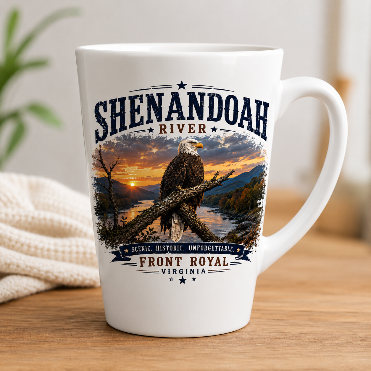 White ceramic latte mug featuring a bald eagle overlooking the Shenandoah River at sunset with vintage Front Royal, Virginia typography and Blue Ridge Mountain scenery.