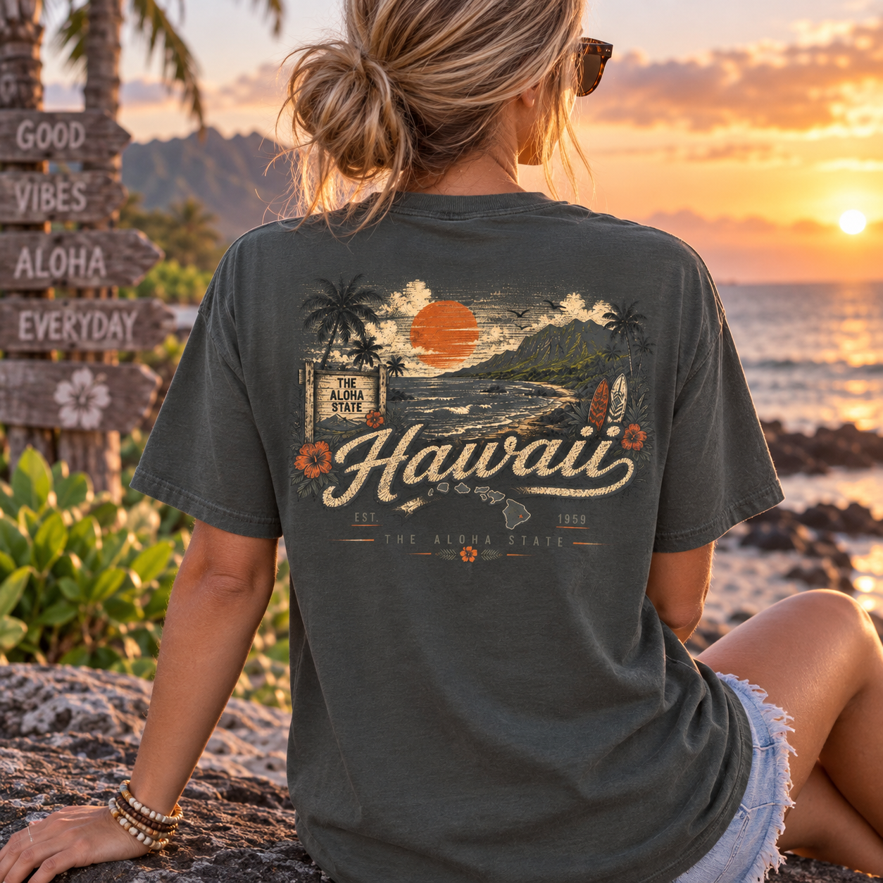 A woman sitting on a rock at a beach during sunset, wearing a dark olive green graphic t-shirt with a retro Hawaiian design on the back. The design features palm trees, an orange sun, a lighthouse, and the word 'Hawaii' in a cursive font.