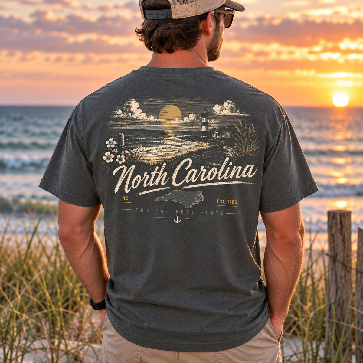 A man stands with his back to the camera wearing a dark charcoal gray t-shirt with a vintage-style North Carolina beach graphic, set against a sunset beach background.