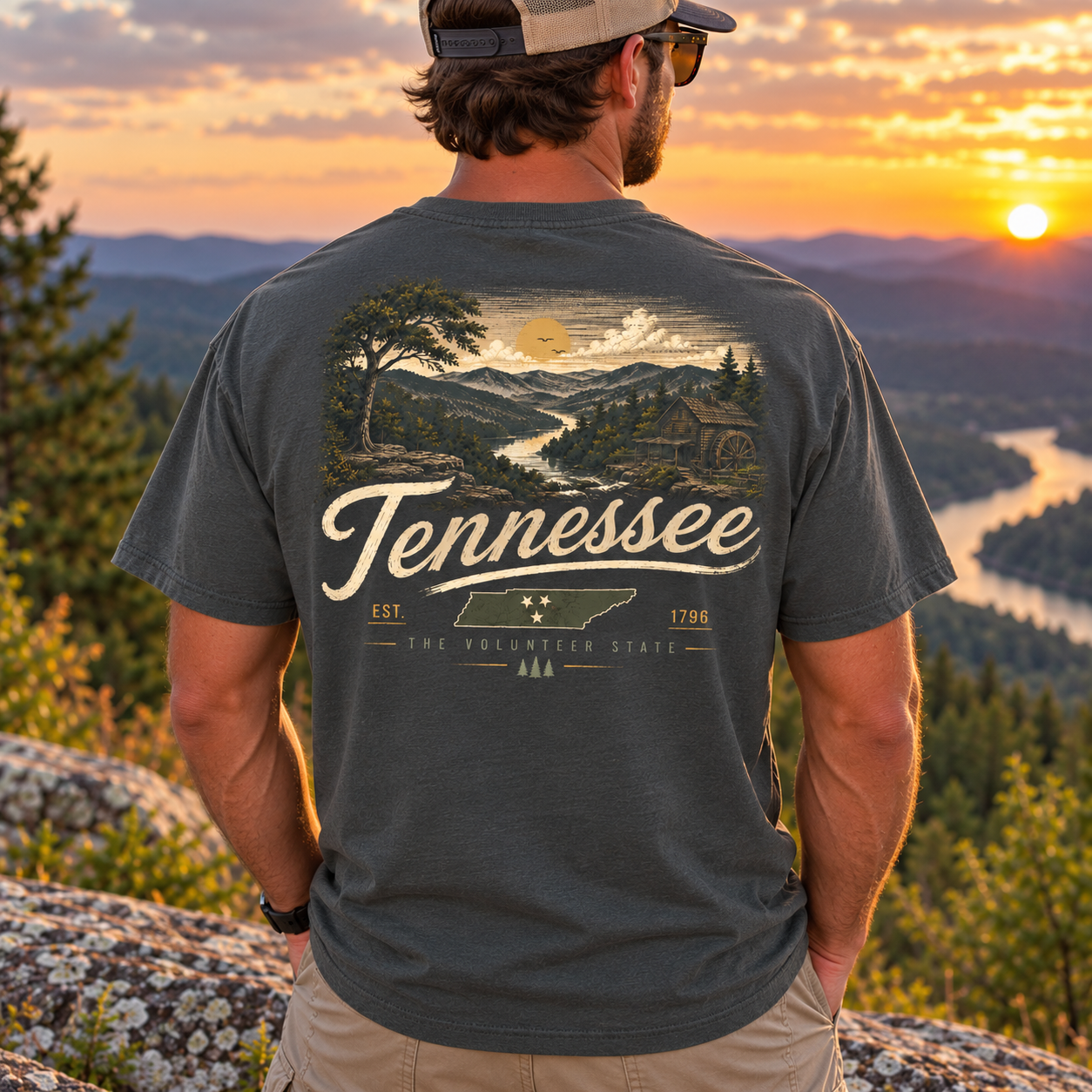 A man viewed from behind wearing a dark charcoal gray t-shirt with a large graphic print on the back showing a Tennessee landscape and the text 'Tennessee'. The background is a scenic mountain sunset with a river.