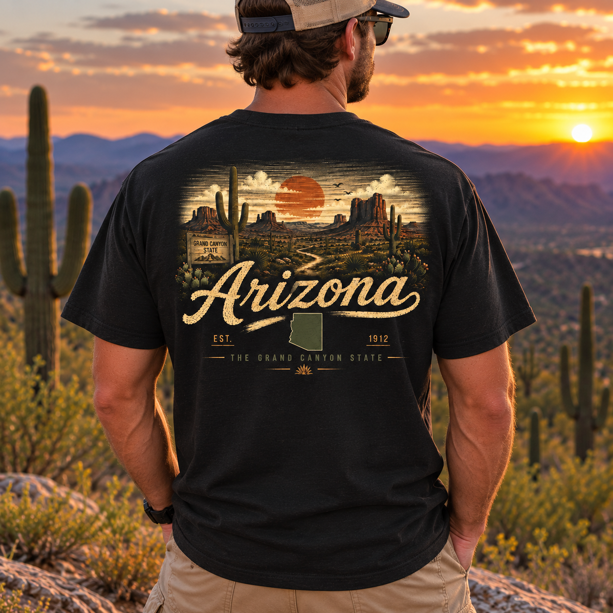 A man viewed from behind wearing a black graphic t-shirt with a detailed Arizona desert landscape print on the back, set against a sunset desert background with mountains and saguaro cacti.