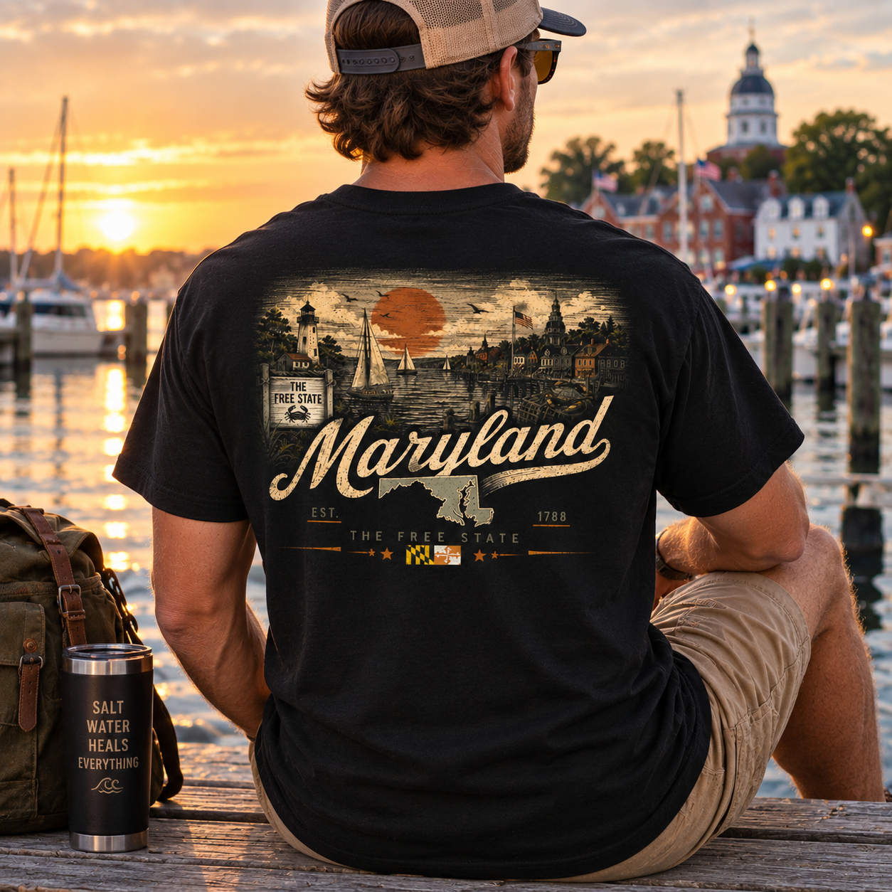 A man sits on a wooden dock at sunset wearing a black graphic T-shirt with a vintage-style Maryland skyline print on the back. The scene includes a harbor, boats, and a historic building in the background.