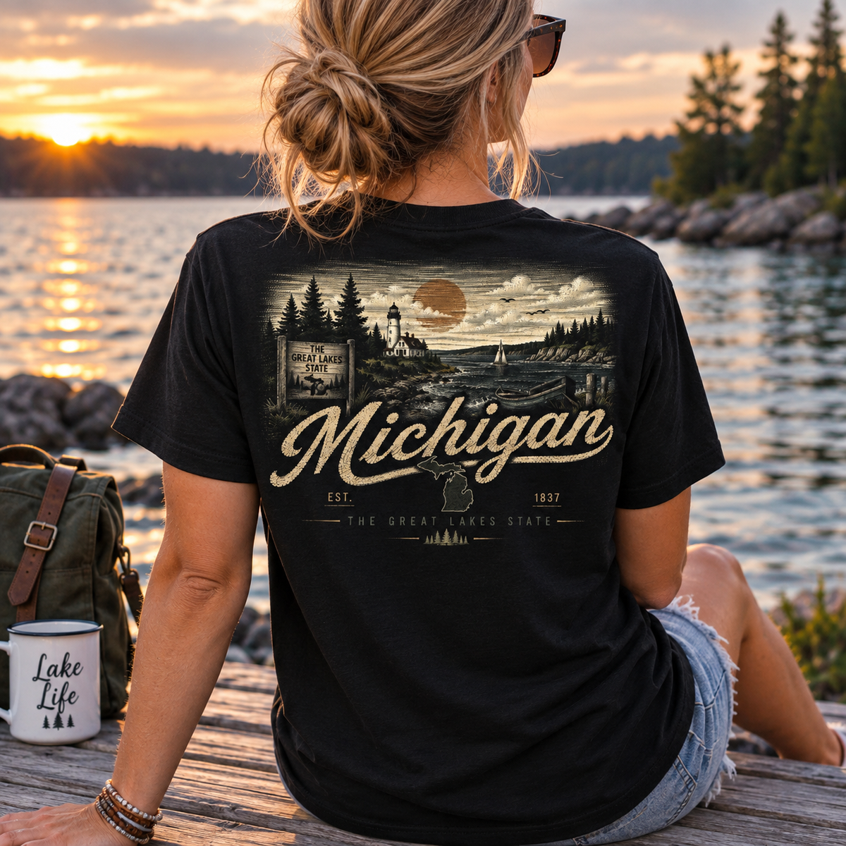 A woman sits on a wooden dock by a lake at sunset wearing a black graphic T-shirt with a vintage-style Michigan landscape print and the word Michigan across the back. A white mug reading Lake Life sits beside her, with trees and water in the background.