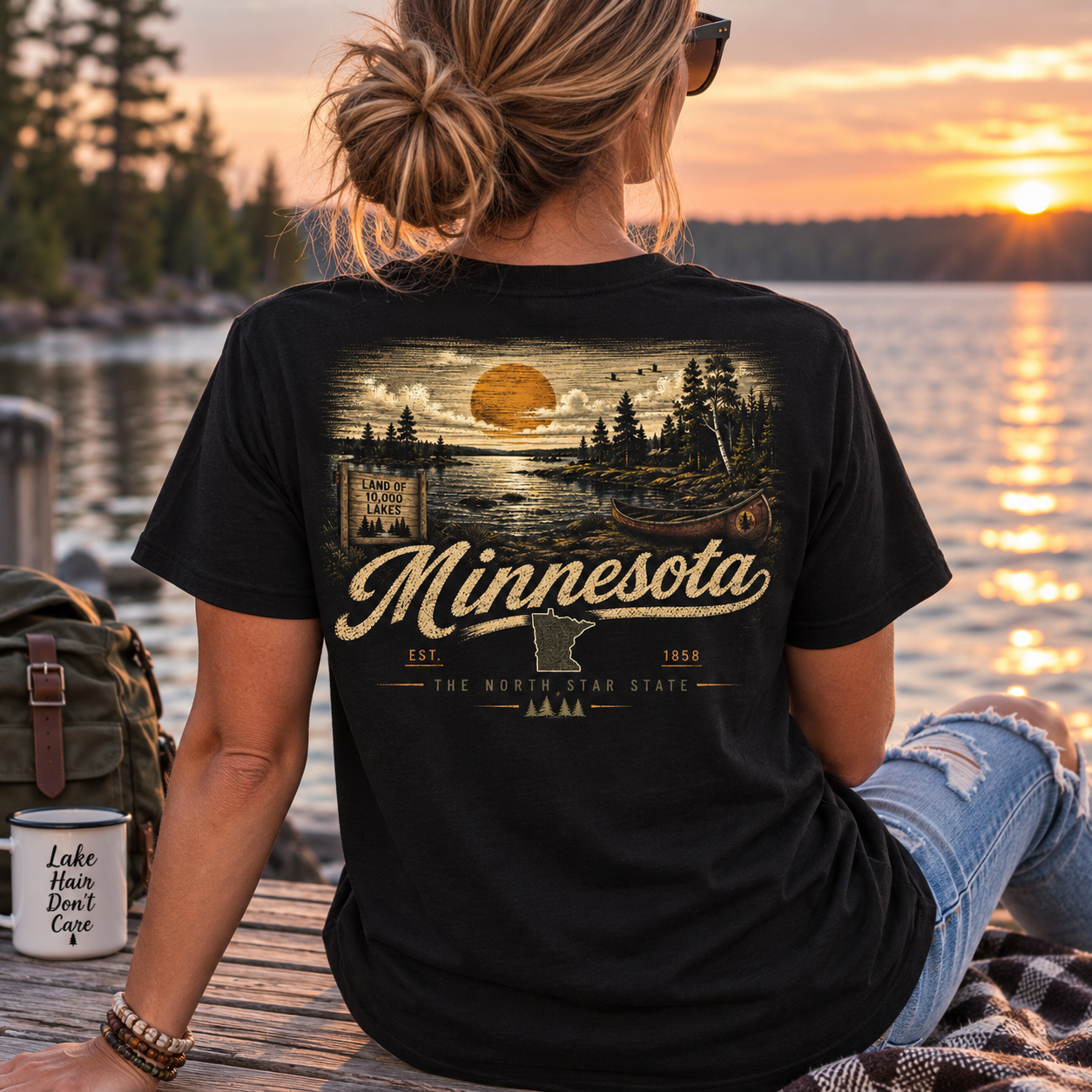 A woman sits on a wooden dock at sunset wearing a black graphic T-shirt with a large Minnesota-themed outdoor scene printed on the back. The design includes a lake, trees, a canoe, and the words 'Minnesota' and 'The North Star State.