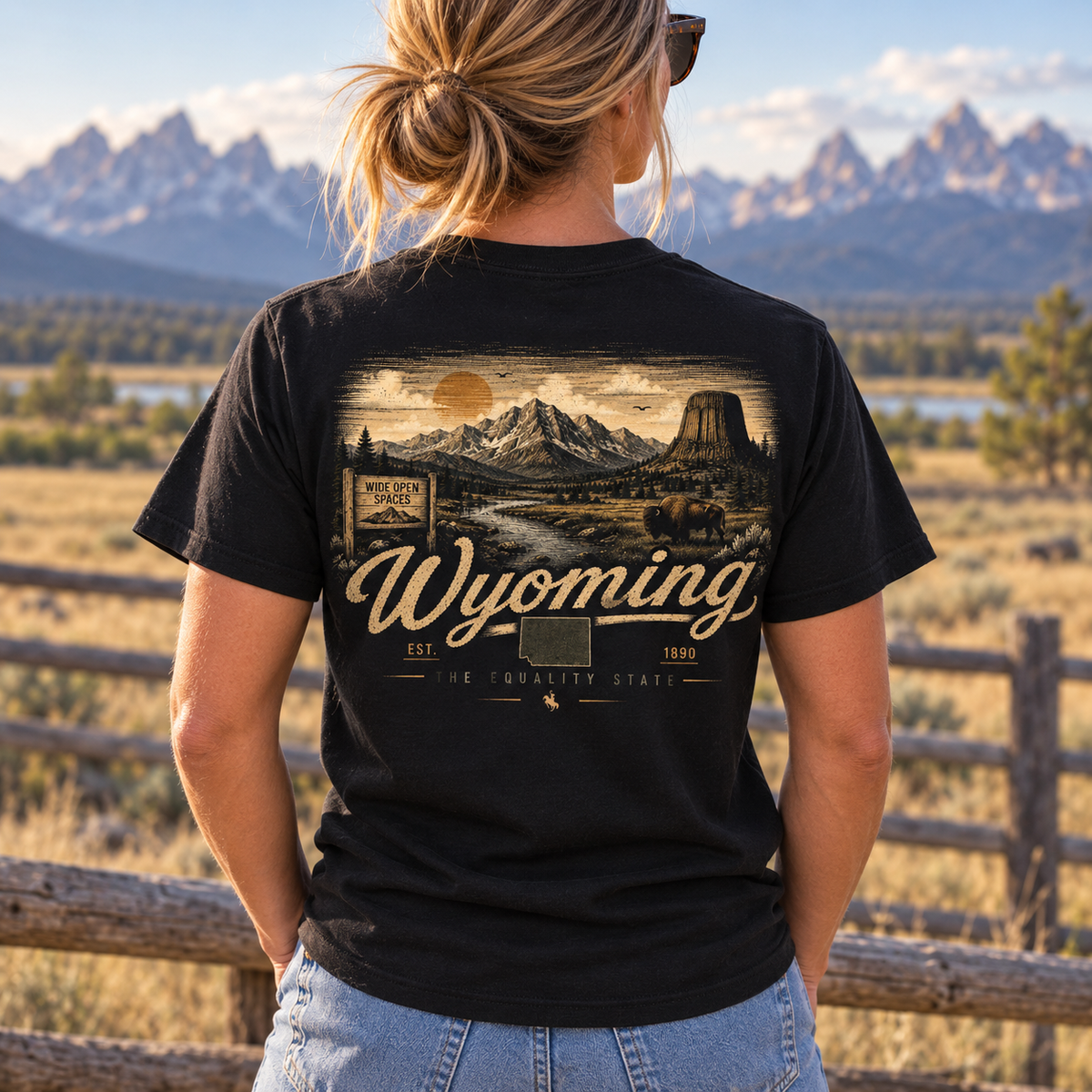A woman viewed from behind wearing a black graphic t-shirt with a vintage-style Wyoming landscape print, standing outdoors in front of a wooden fence and mountains.