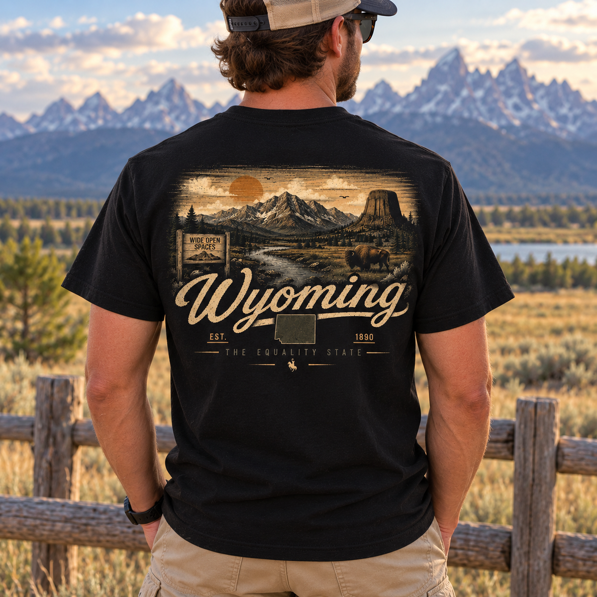 A man viewed from behind wearing a black graphic t-shirt with a vintage-style Wyoming landscape print and khaki pants, standing in front of a wooden fence with a mountain range in the background.