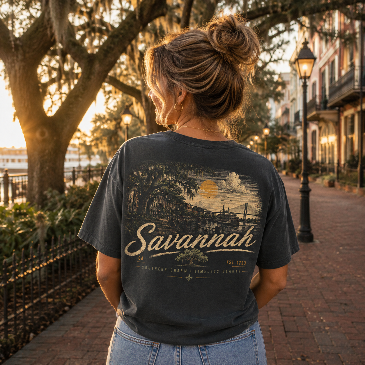 A woman viewed from behind wearing a faded black graphic t-shirt with a vintage-style Savannah landscape print and 'Savannah' text, standing on a brick sidewalk in a sunlit outdoor town setting.