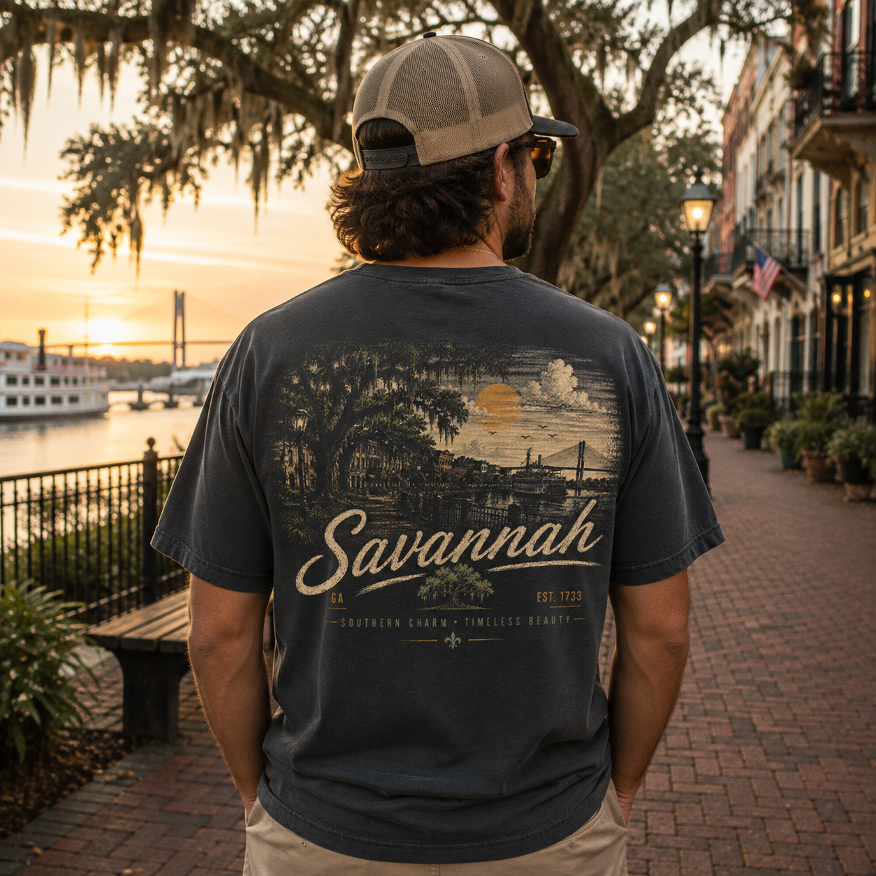 A man viewed from behind wearing a dark charcoal gray t-shirt with a vintage-style Savannah, Georgia sunset graphic on the back, standing on a brick waterfront walkway at sunset.
