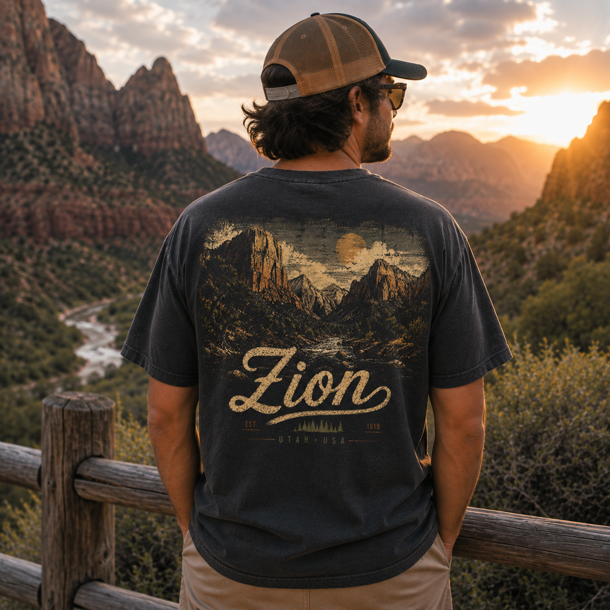 A man stands outdoors in a mountain landscape at sunset, viewed from behind, wearing a dark charcoal T-shirt with a large scenic mountain graphic and the word "Zion" across the back, along with a tan trucker cap and khaki pants.