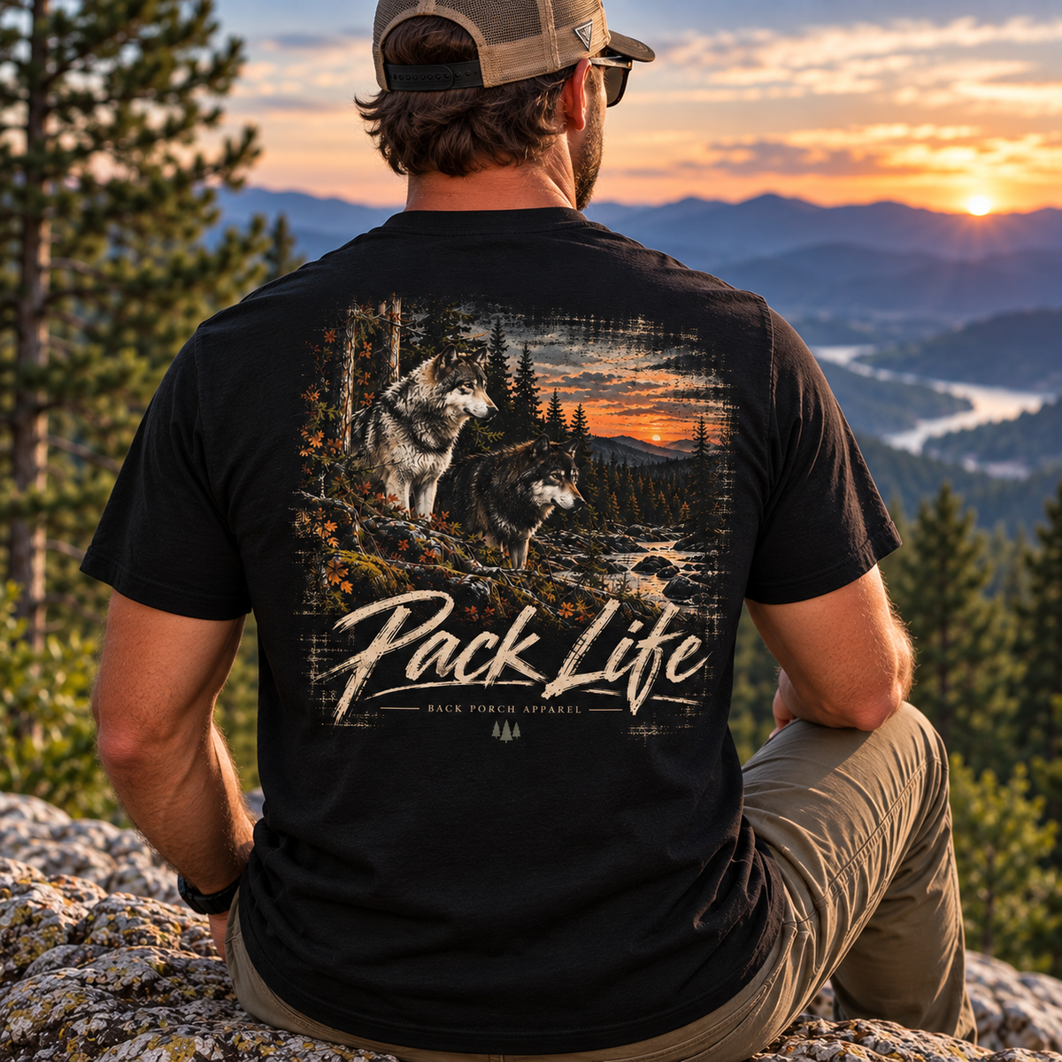 A man wearing a black t-shirt with a large back graphic of two wolves and the text 'Pack Life' sits on a rock overlooking a mountain landscape at sunset.