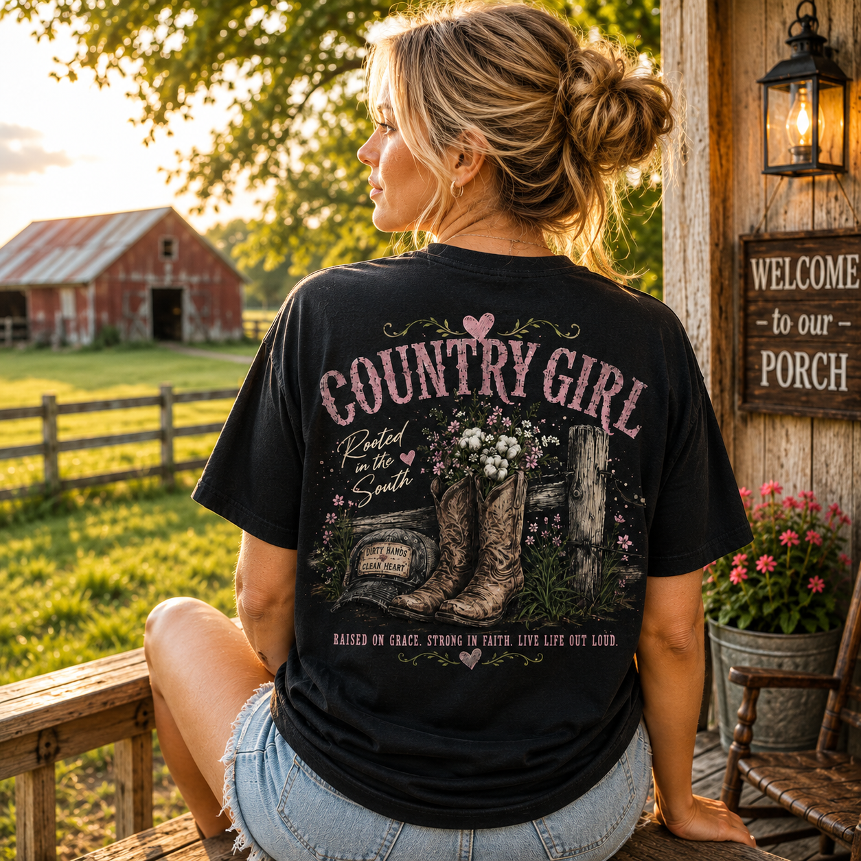 A woman sits on a porch at sunset wearing a black graphic T-shirt with the words “COUNTRY GIRL” and a floral boot graphic on the back. The setting includes a red barn, fence, flowers, and a “Welcome to our porch” sign.