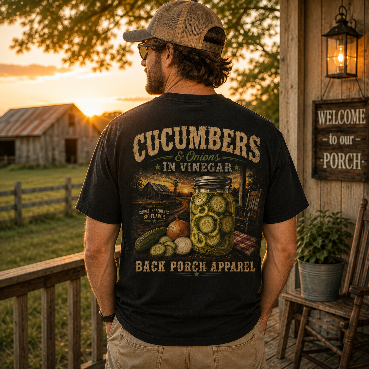 A man stands on a rustic porch at sunset wearing a black graphic T-shirt with a large back print reading “Cucumbers & Onions in Vinegar” and “Back Porch Apparel,” along with a tan cap and khaki pants.