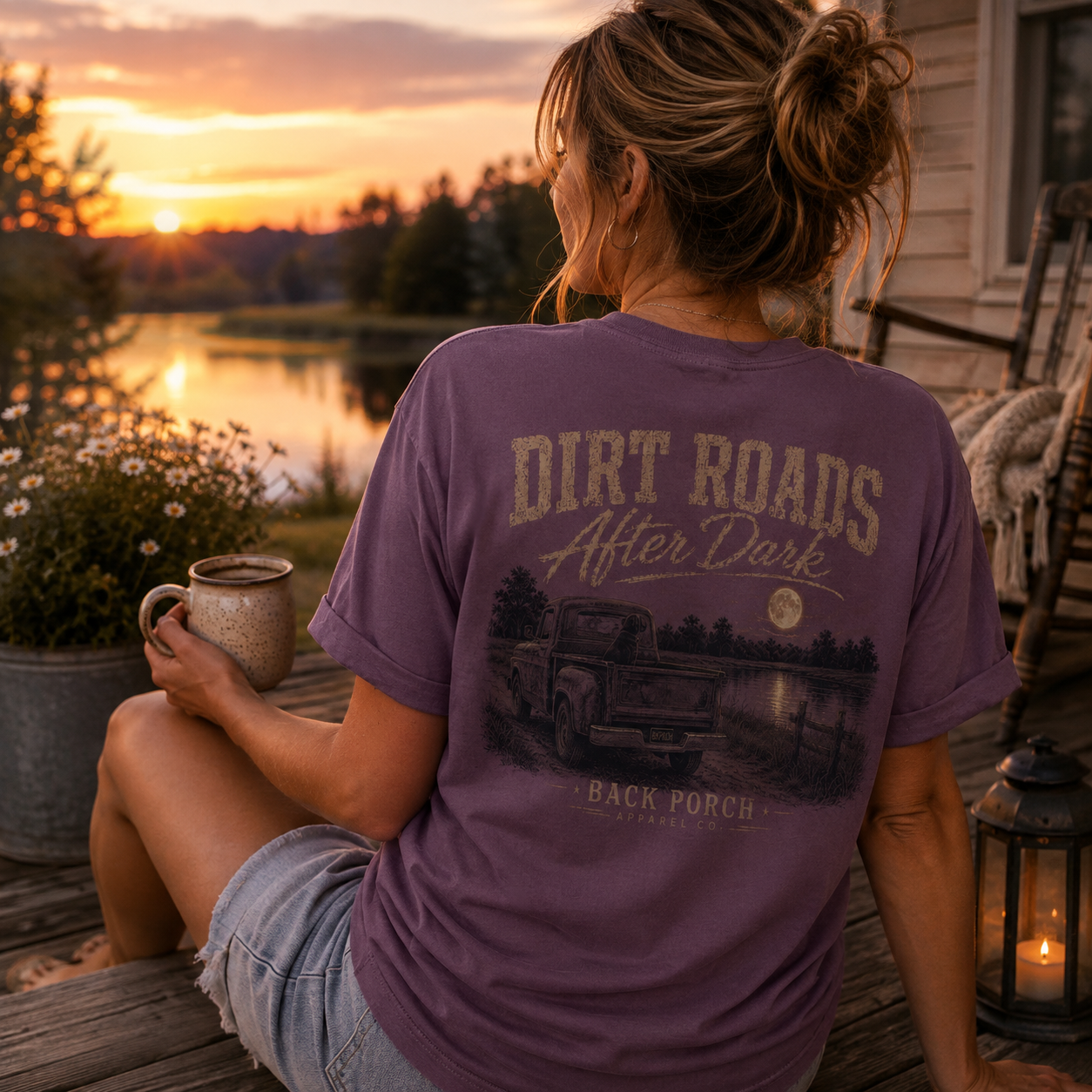 Woman wearing a Dirt Roads After Dark Back Porch Apparel Comfort Colors Shirt