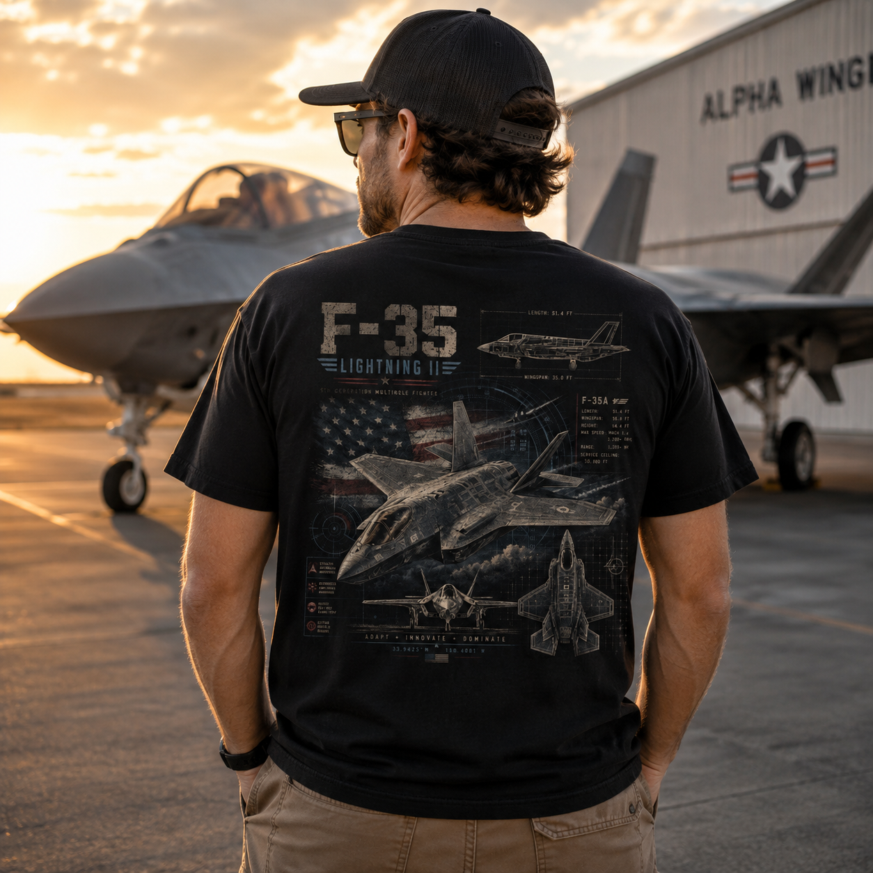 A man viewed from behind wearing a black t-shirt with a detailed F-35 Lightning II graphic print on the back, standing on an airfield tarmac with fighter jets and a hangar in the background at sunset.