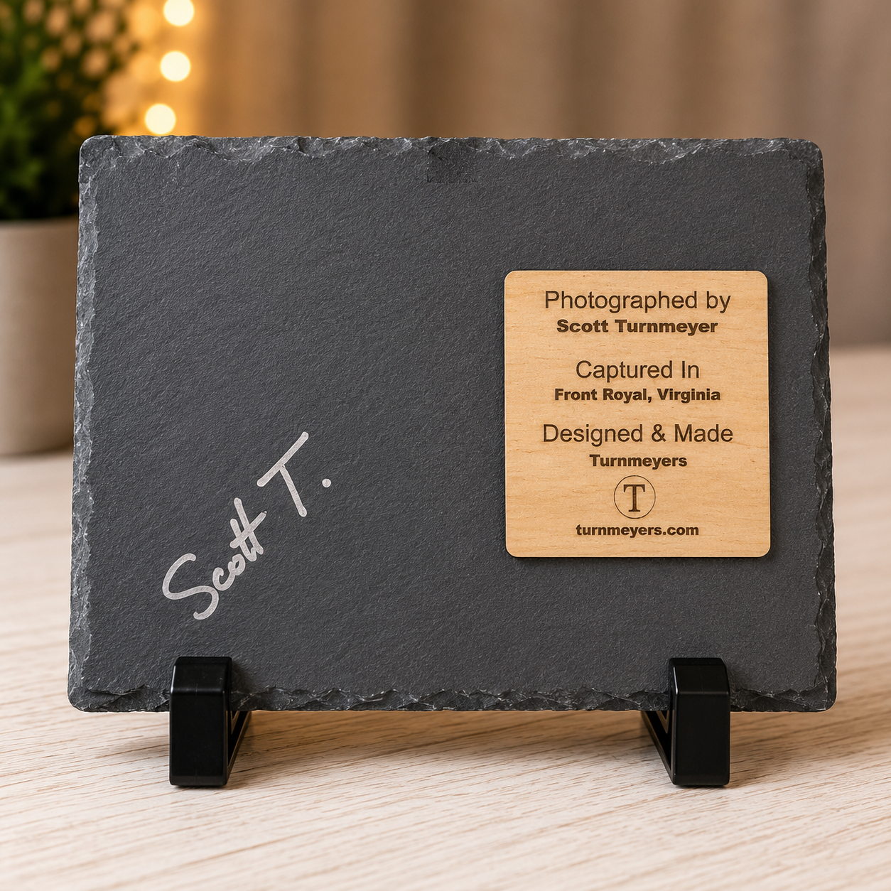 Back of the 5" × 7" natural slate artwork showing Scott Turnmeyer's signature and a laser-engraved authenticity plaque identifying the Front Royal, Virginia photograph and Turnmeyers craftsmanship.
